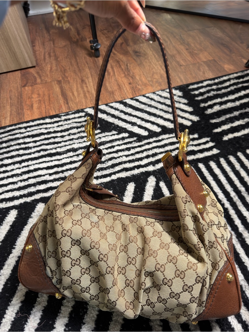 Beige Monogram Shoulder Bag with Brown Leather Trim - Picture 2 of 9